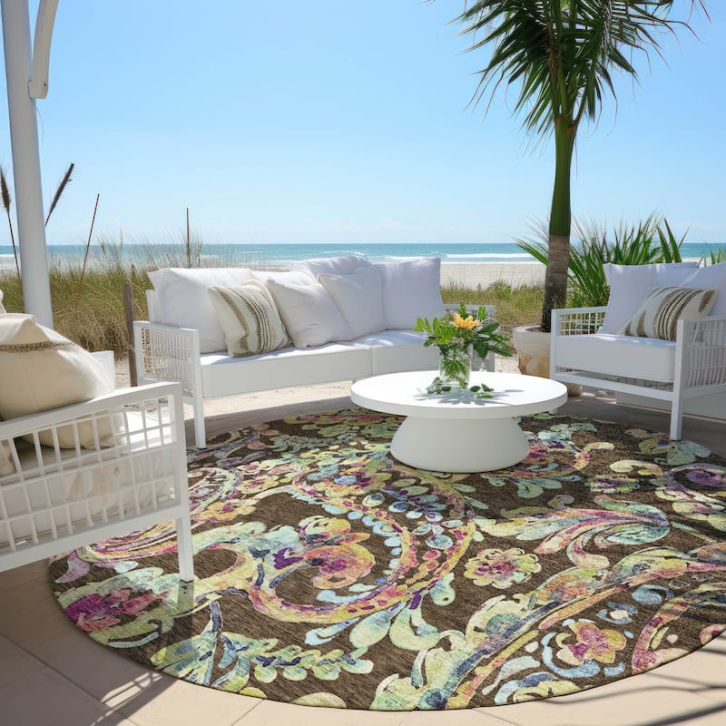 Machine Washable Indoor/ Outdoor Chantille Traditional Scroll Rug - Chocolate - 8' x 8'
