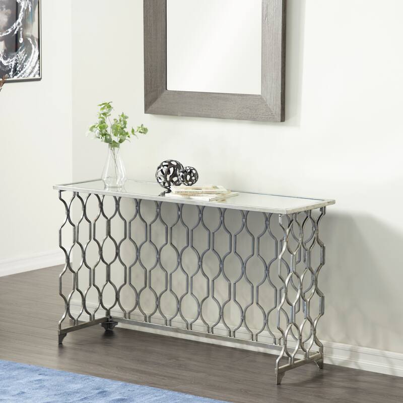 Metal Geometric Rectangular Console Table with Mirrored Glass Top - Silver - Roche River Decor - 18"Wx55"Lx32"H
