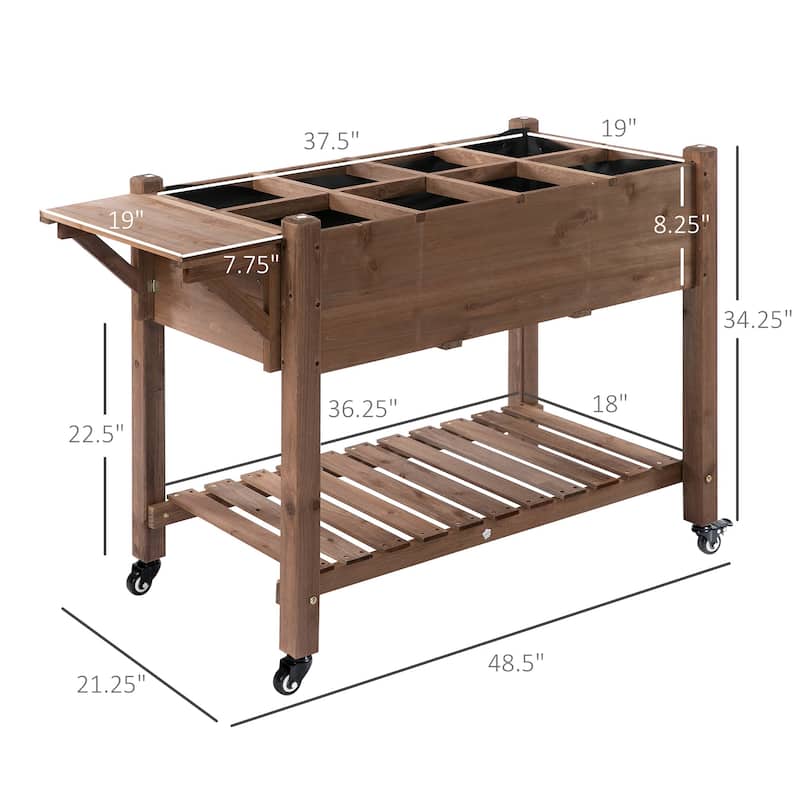 Outsunny 49'' x 21'' x 34'' Raised Garden Bed w/ 8 Grow Grids, Outdoor Wood Plant Stand w/ Storage Shelf and Lockable Wheels