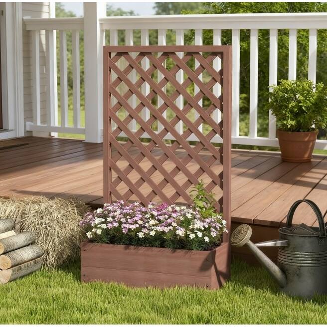 Rustic Wood Raised Garden Bed, Trellis and Drainage for Outdoor Use