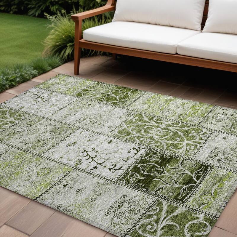 Nara Patchwork Weather Resistant Classic Meets Modern Outdoor Rug - 10' X 14' - Green