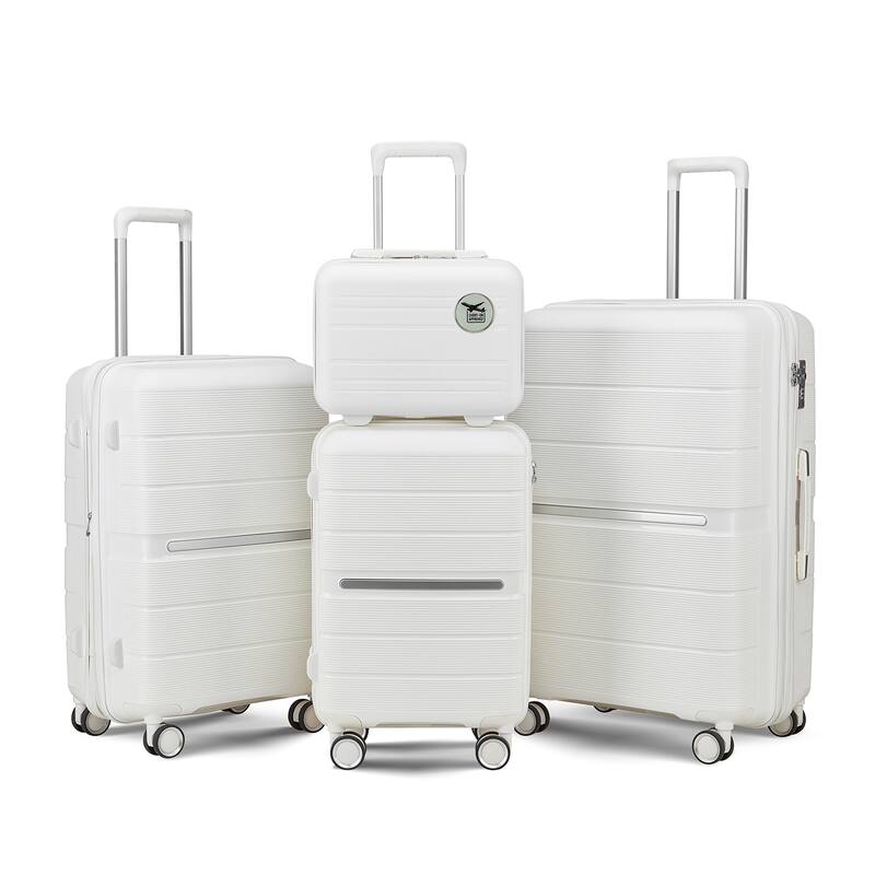 Luggage 4 Piece Sets, Expandable Carry On Luggage Set Hardshell PP, Suitcase Set with Wheels and Adjustable 3-level Handle - White