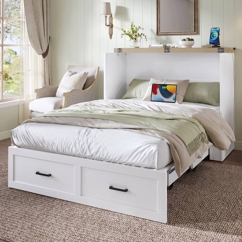 Full Size Foldable Platform Bed with Charging Station and Storage Drawer, White