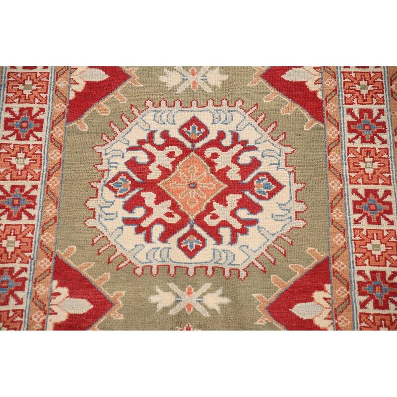 Geometric Green Kazak Oriental Accent Rug Handmade Wool Carpet - 3'3"x 5'1"
