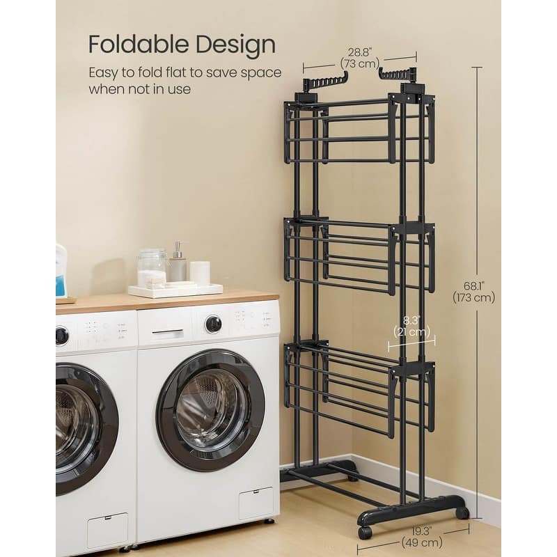 Steel Plastic 4-Tier Drying Rack with Wheels and Foldable Wings - 25"D x 50.4"W x 68.1"H