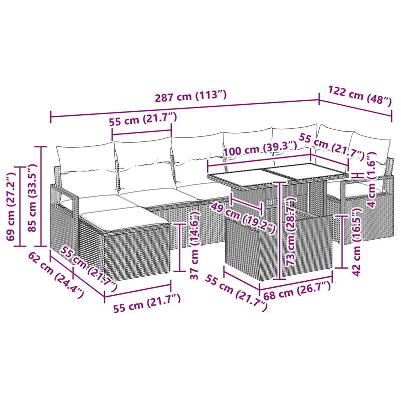 vidaXL 8 Piece Garden Sofa Set with Cushions - 113×48×27.2