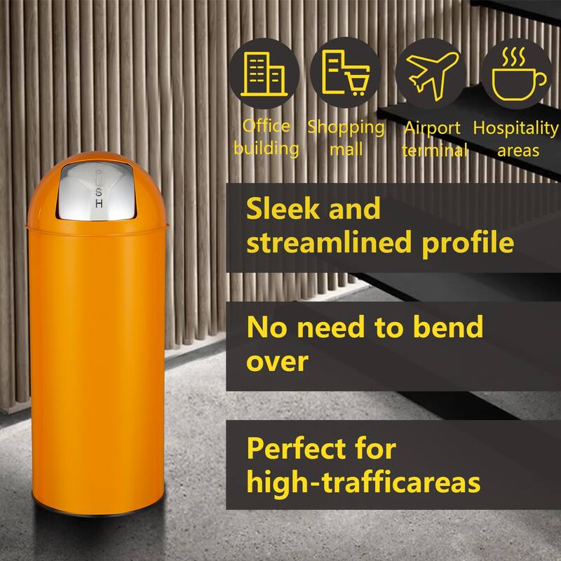 65 Liter Push Lid Trash Can, 17 Gallon Stainless Steel Garbage Can ，Orange