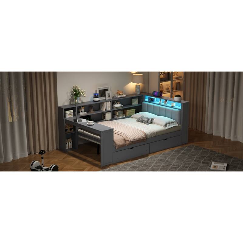 Roomfitters Full Platform Bed with LED Headboard, Charging Station and Storage