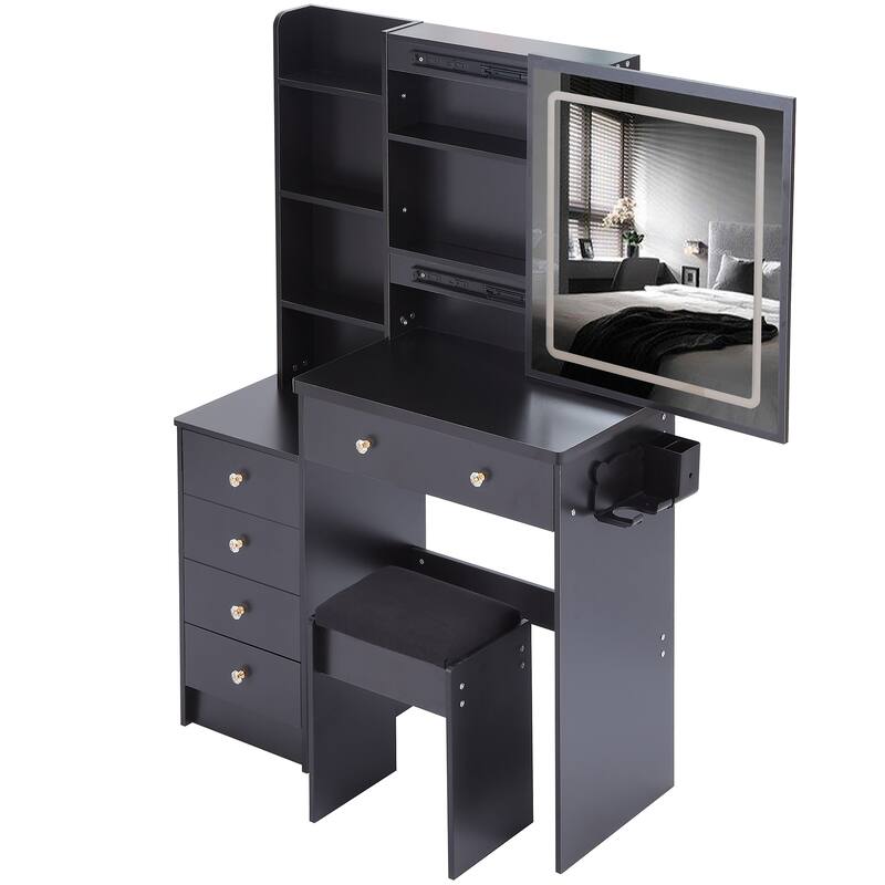 37" Middle Size Left Bedside Cabinet Vanity Table + Cushioned Stool Dresser Set, Large Touch Control LED Sliding Mirror
