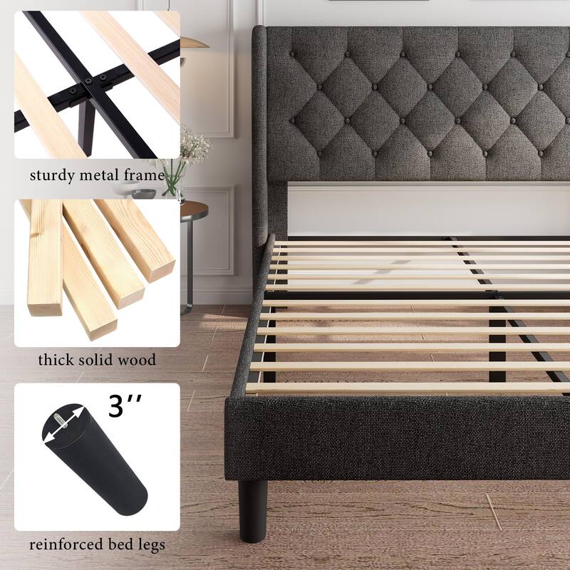 Full Bed Frame with Upholstered Wingback, Platform Bed Frame with Diamond Button Tufted Headboard, Under-Bed Space, Wooden Slats