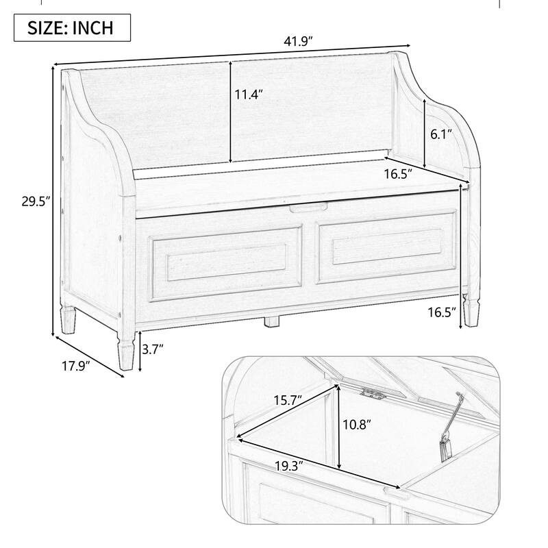 42" Rustic Solid Wood Entryway Multifunctional Storage Bench with Safety Hinge