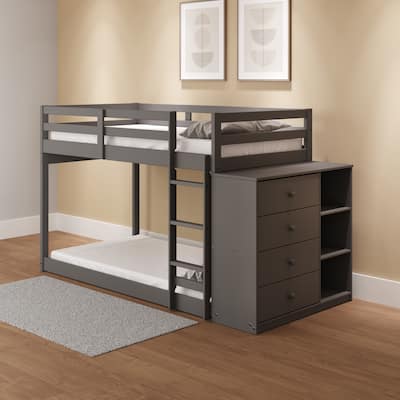 Twin over Twin Pine Frame Bunk Bed with Storage and 4 Drawers and 3 Open Compartments