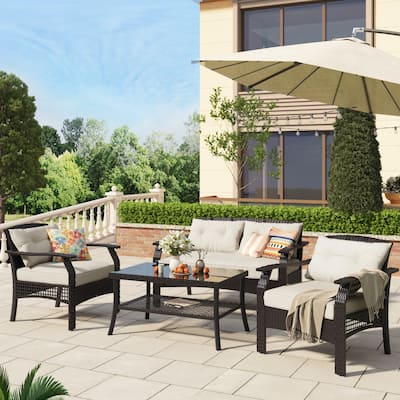Outdoor Rattan Sofa Set with Cushions and Tempered Glass Top Table