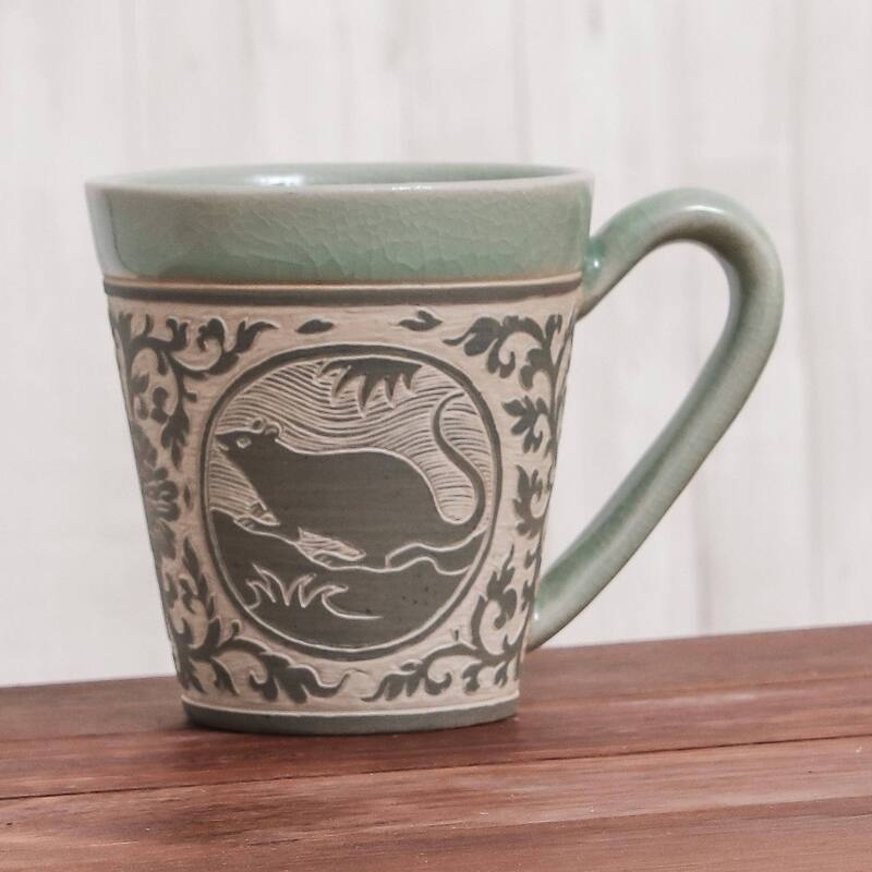 Handmade Thai Zodiac Rat Celadon ceramic mug (Thailand)