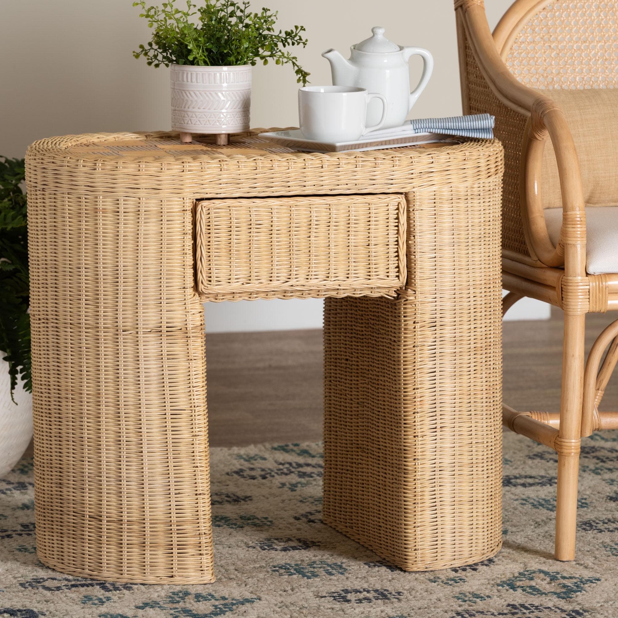 Mimi Natural Rattan Checkered End Table with Drawer
