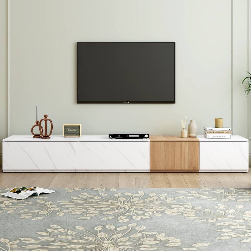 Modern Fashion TV Stand, for TVs Up to 88'' with Faux Marble and Walnut Wood Grain, 4 Storage Drawers, for Living Rooms, White