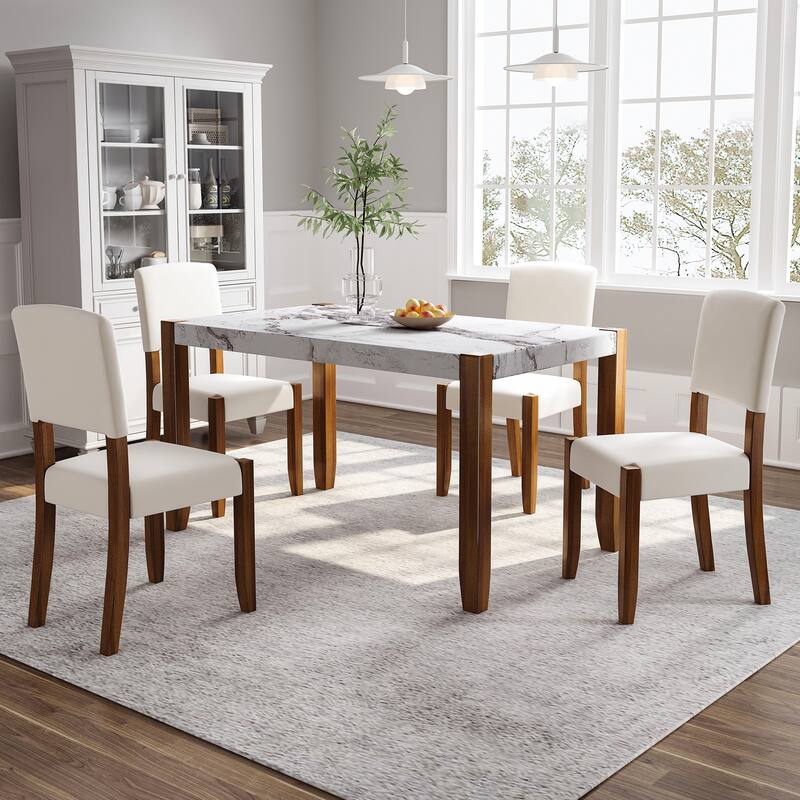 46.5" Dining Table, Modern Kitchen Table, Rectangular Faux Marble Style Table with Wood Legs, Easy Assembly