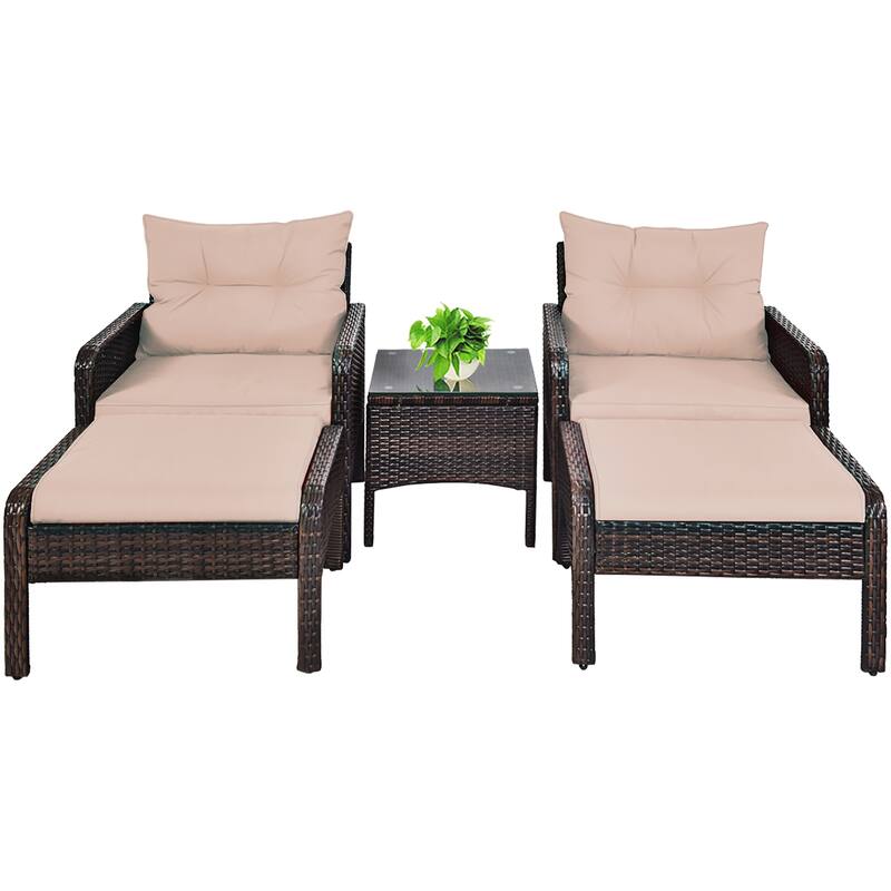 Costway 5 PCS Rattan Wicker Furniture Set Sofa Ottoman W/Brown Cushion