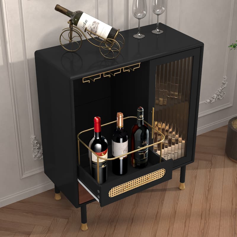Modern Coffee Bar Cabinet with Wine Glass Rack and Storage Drawer