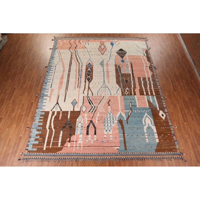 Earth Tone Moroccan Large Modern Area Rug Hand-Knotted Wool Carpet - 11'11" x 15'2"