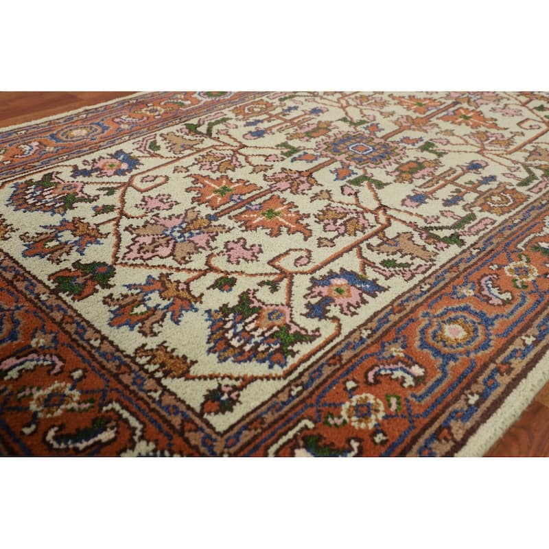 Light Green Heriz Serapi Indian Accent Rug Handmade Wool Carpet - 3'10" X 6'3"