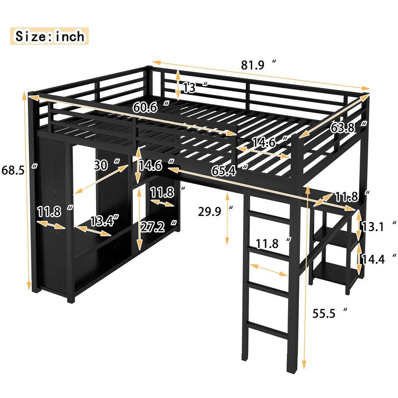Queen Size Black Metal Loft Bed Frame with Built-in Wardrobe, Desk and Storage Shelves
