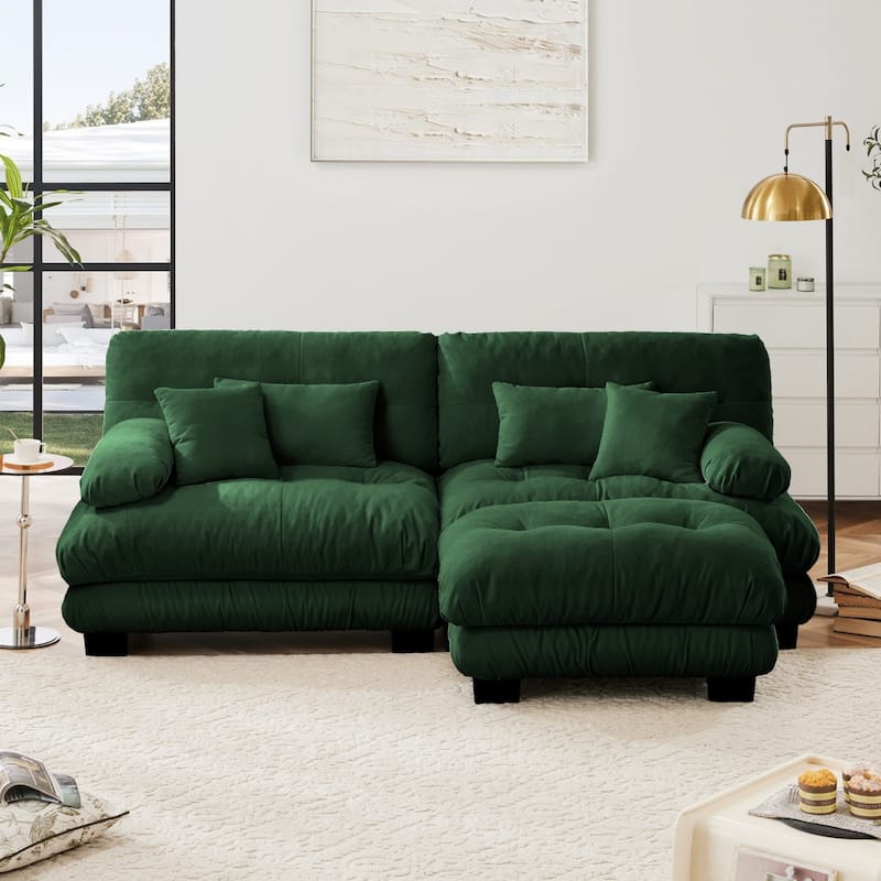 Chenille Cloud Couch Sectional Sofa with 2 Lumbar Pillows and 2 Throw Pillows and 1 Ottoman