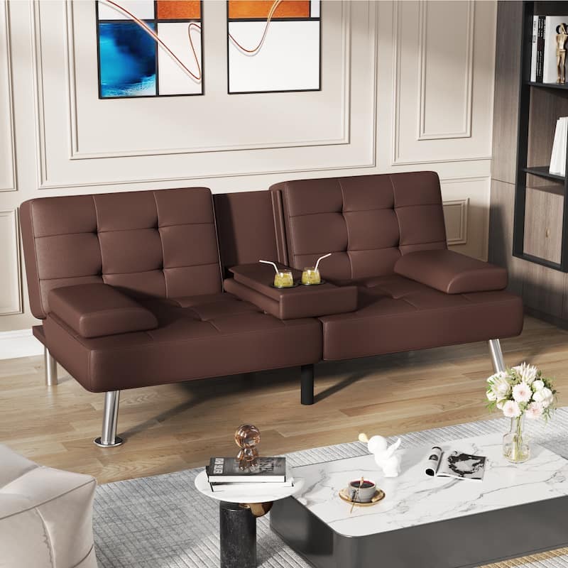 Homall Futon Sofa Bed Convertible Lounge Couch Sofa with Cupholders & Pillows - Brown