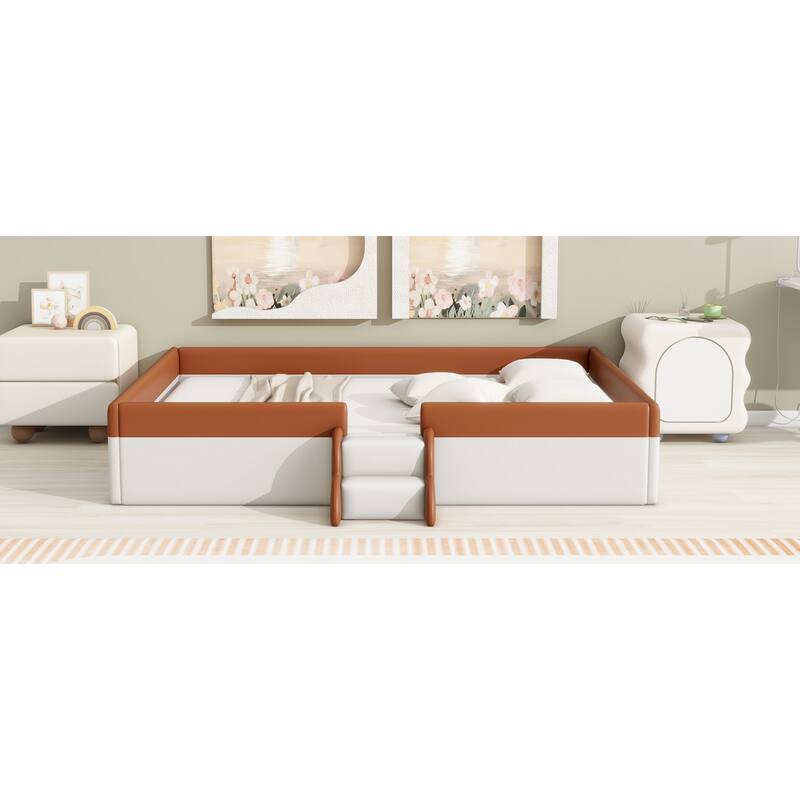 Roomfitters Twin/Full/Queen/King Size Upholstered Daybed Frame with Safety Fence and Stairs, PU Fabric Platform Bed with Slats