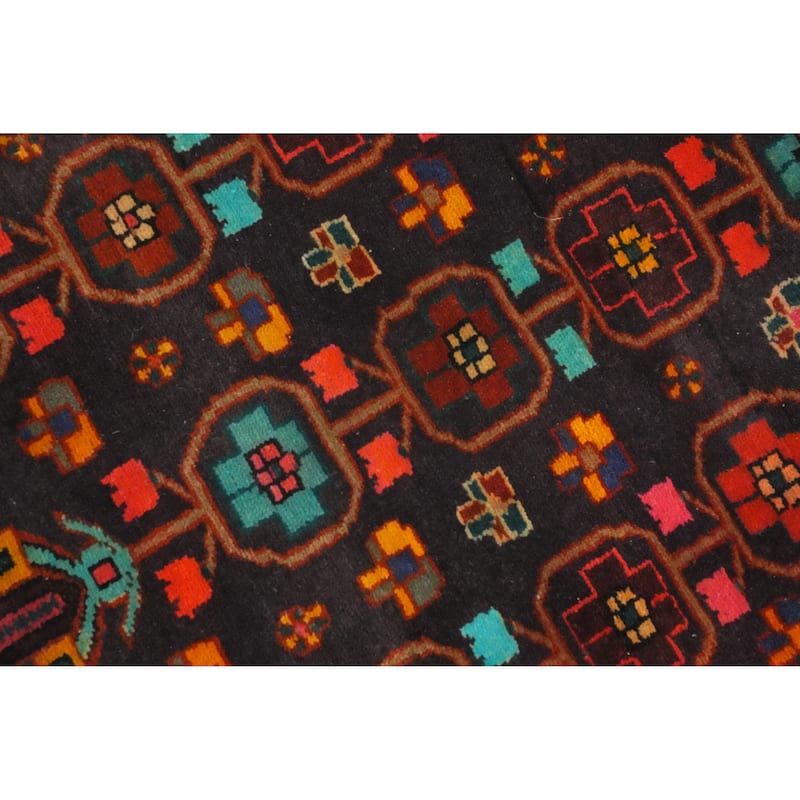 Hand Knotted Oriental 100% Wool Carpet Traditional Geometric Navy Blue & Blues Ardebil Runner Rug - 9' 6'' X 3' 5''
