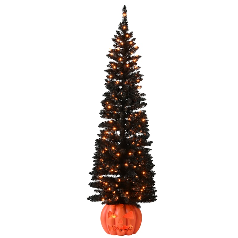 National Tree Company Halloween Pre-Lit Artificial Halloween Tree, Evergreen, LED Lights, Includes Pumpkin Base, 6 Feet