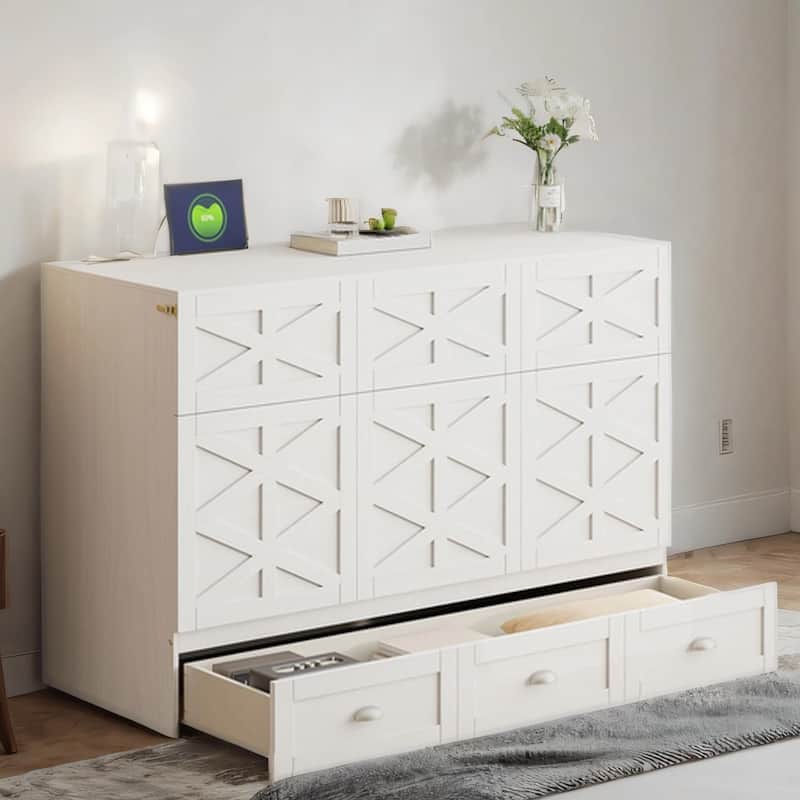 Queen Size Wood Murphy Bed with Drawer,USB Ports ,Three-Prong Outlets