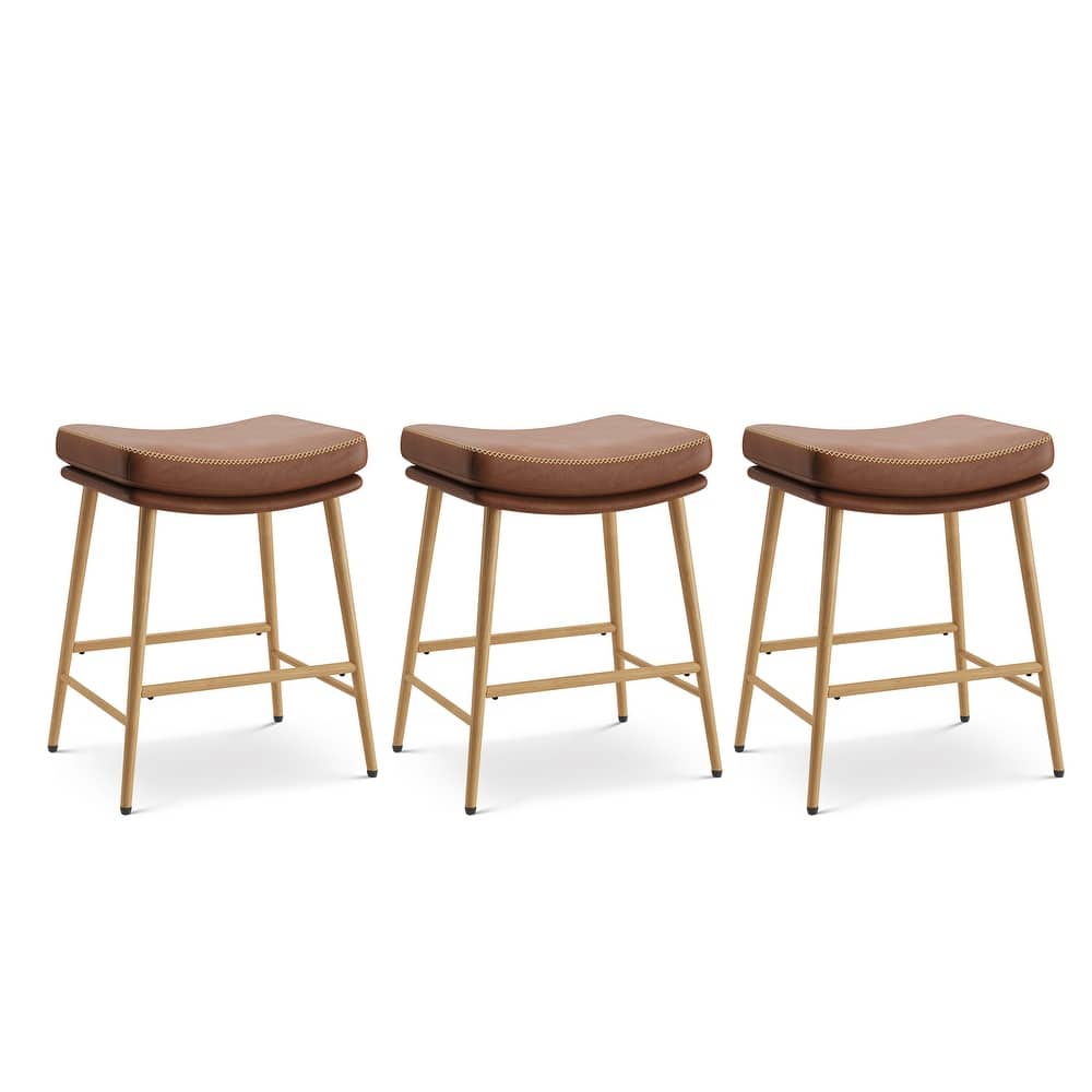 RENEWLINE Metal Bar Stools, 24 Inch Backless Counter Height Stools（Set of 2/3/4/6） with PU Leather Seat & Footrest