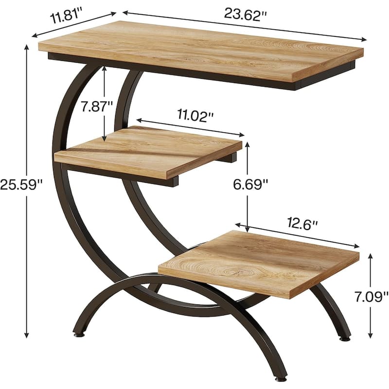 C-Shaped End Table, Industrial 3-Tier Side Table, Wood Bedside Table