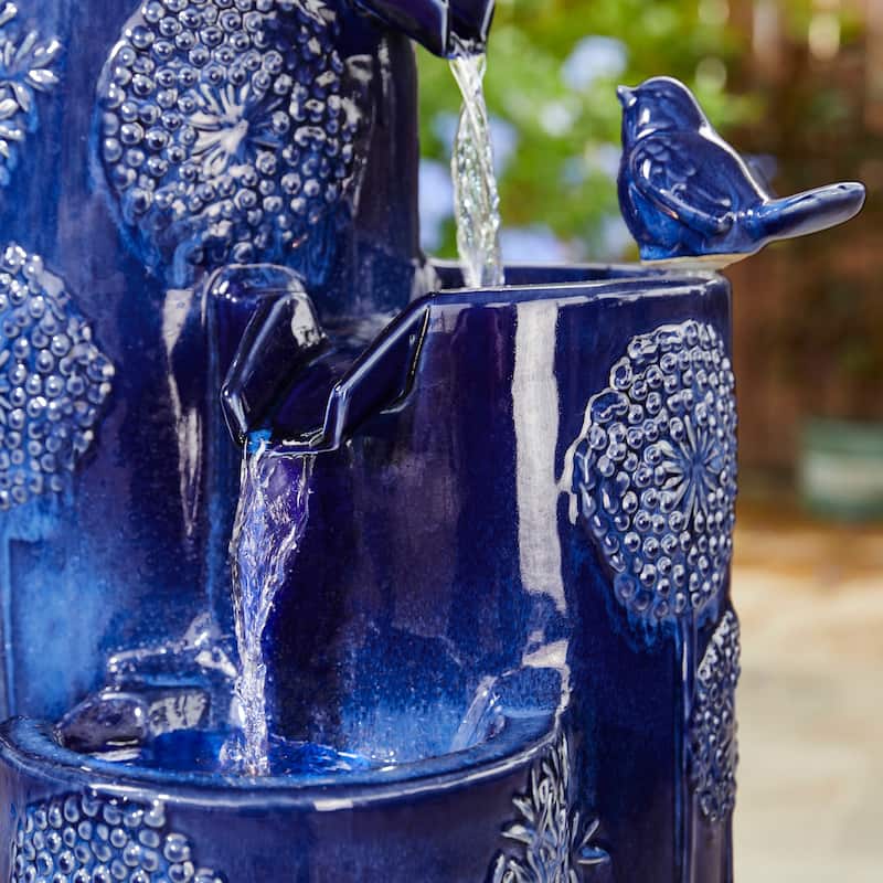 Glitzhome 31.75"H 4-Tier LED Vase-Shaped Ceramic Outdoor Floor Fountain with Birds/ Lotus