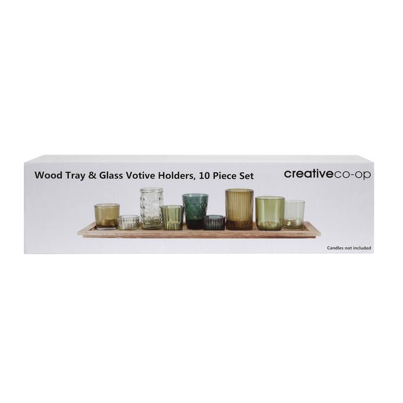 Wood Tray with 9 Blue & Green Glass Votive Holders