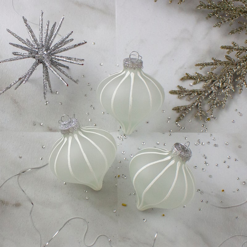 3ct White Matte Stripes Glass Christmas Onion Drop Ornament 3.25"