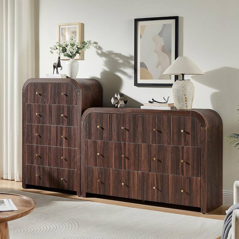 Modern Fluted 5 Drawers Dresser, Wood Chest of Drawers for Bedroom