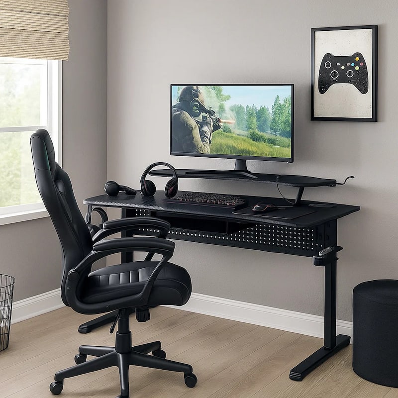Gaming Table with USB Plugin and Headset Rack, Black