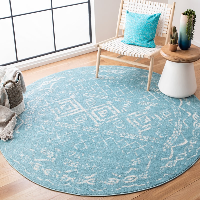 SAFAVIEH Tulum Hinnertje Rustic Moroccan Boho Tribal Distressed Rug - 6'7" Round - Turquoise/Ivory