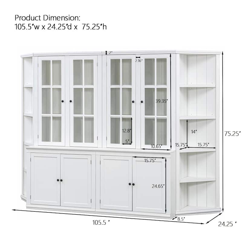 2x 75.25'' Tall Display Cabinets and Two Triangle Sided Bookshelves, 105.5'' Wide Retro Style Wall Suit with Glass Doors