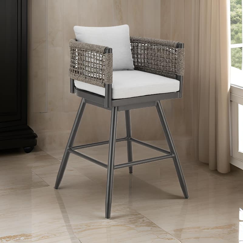 Piper 26 Inch Outdoor Swivel Counter Stool Chair, Rope Woven, Gray Cushions