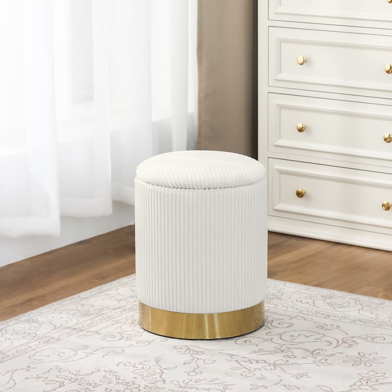 Adeco Round Storage Ottoman Footrest Stool Velvet Gold Plating Base