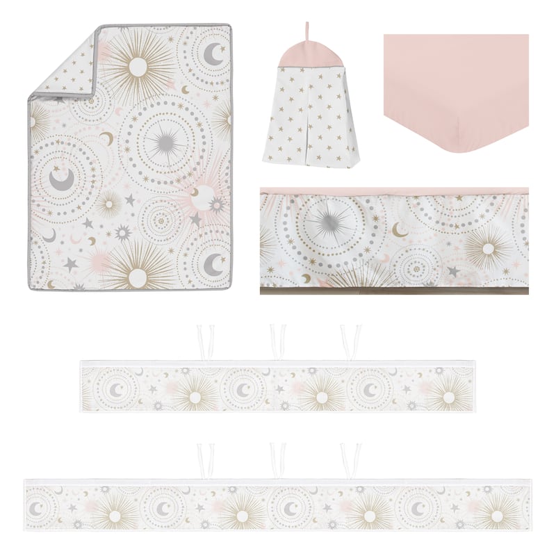 Star and Moon Girl Sweet Jojo Designs 6p Crib Bedding + BreathableBaby Breathable Mesh Liner Grey Celestial Star