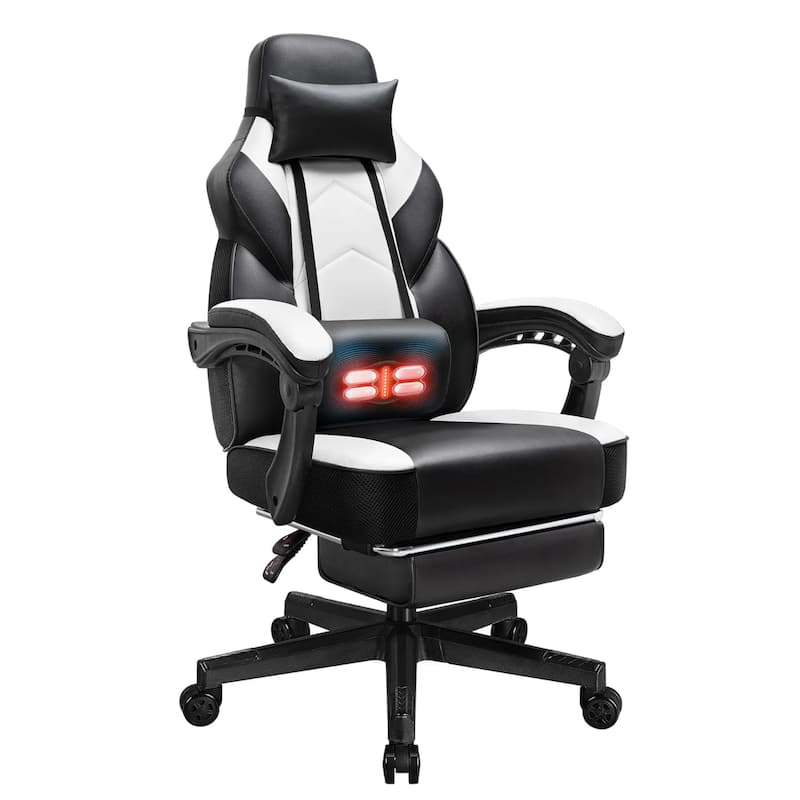 Futzca Gaming Chair PU Leather Office Chair with Headrest, Footrest & Massage Lumbar Support - White