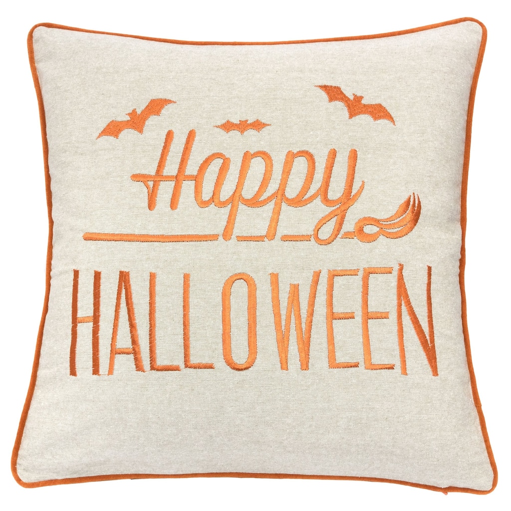 Happy Halloween Bat Broom Witch Linen Polyester Linen 20"x20" Orange Throw Pillow with Insert