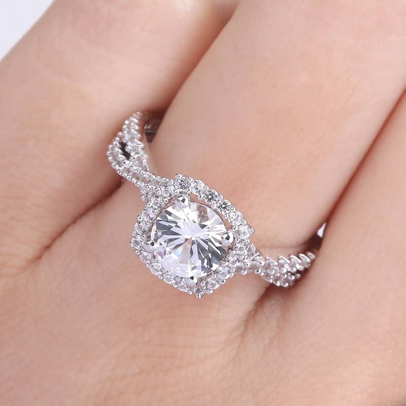 Miadora Sterling Silver Created White Sapphire Split Shank Halo Engagement Ring