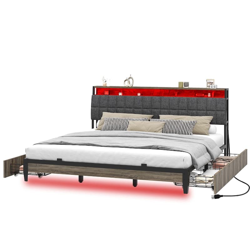 Moasis Rustic Grey Storage Platform Bed Frame with Storage Headboard with Power Outlets and 4 Drawers