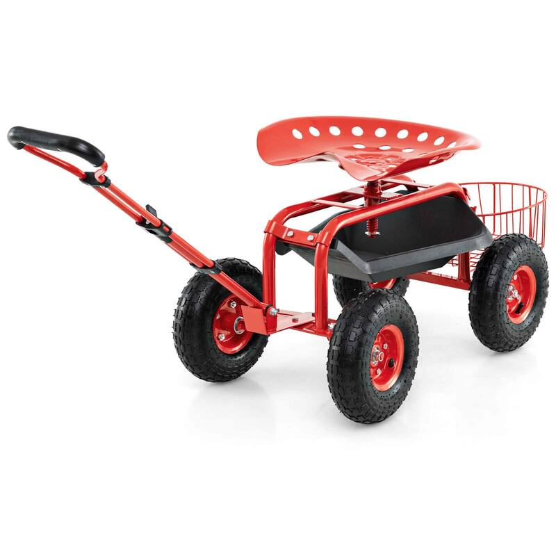 Costway Garden Cart Patio Wagon Roll Work Seat with Tray Basket - See Details - Red