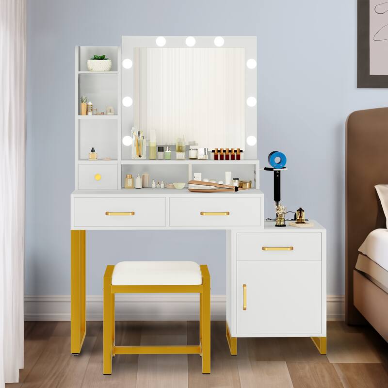 Makeup Table 9 LED Lights with 4 Drawers Vanity Set Dressing Desk Stool Mirror - 37.4"L X 15.3"W X 53.9"H - White